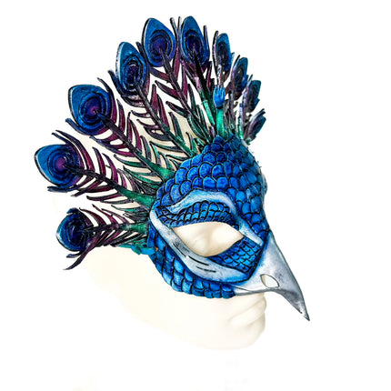 Metallic Blue Peacock Handmade Genuine Leather Mask