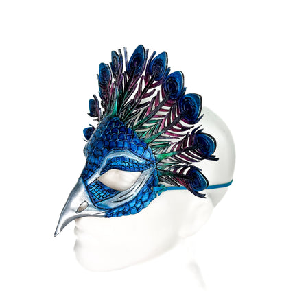 Metallic Blue Peacock Handmade Genuine Leather Mask