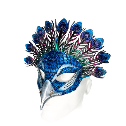 Metallic Blue Peacock Handmade Genuine Leather Mask