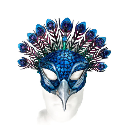 Metallic Blue Peacock Handmade Genuine Leather Mask