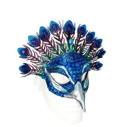 Metallic Blue Peacock Handmade Genuine Leather Mask