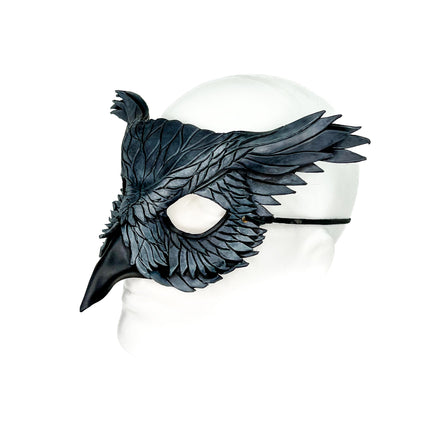 Layered Horned Owl Handmade Genuine Leather Mask in Grey