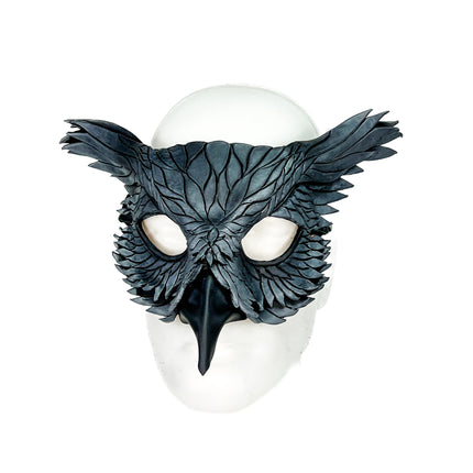 Layered Horned Owl Handmade Genuine Leather Mask in Grey