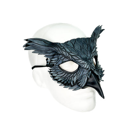 Layered Horned Owl Handmade Genuine Leather Mask in Grey
