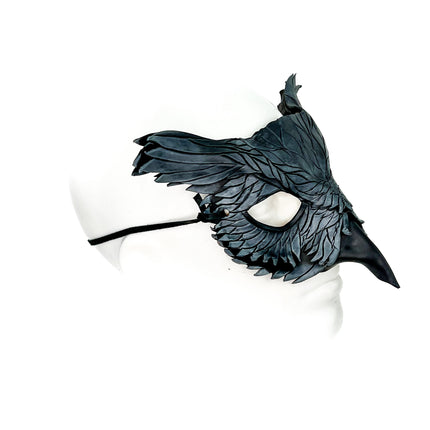 Layered Horned Owl Handmade Genuine Leather Mask in Grey