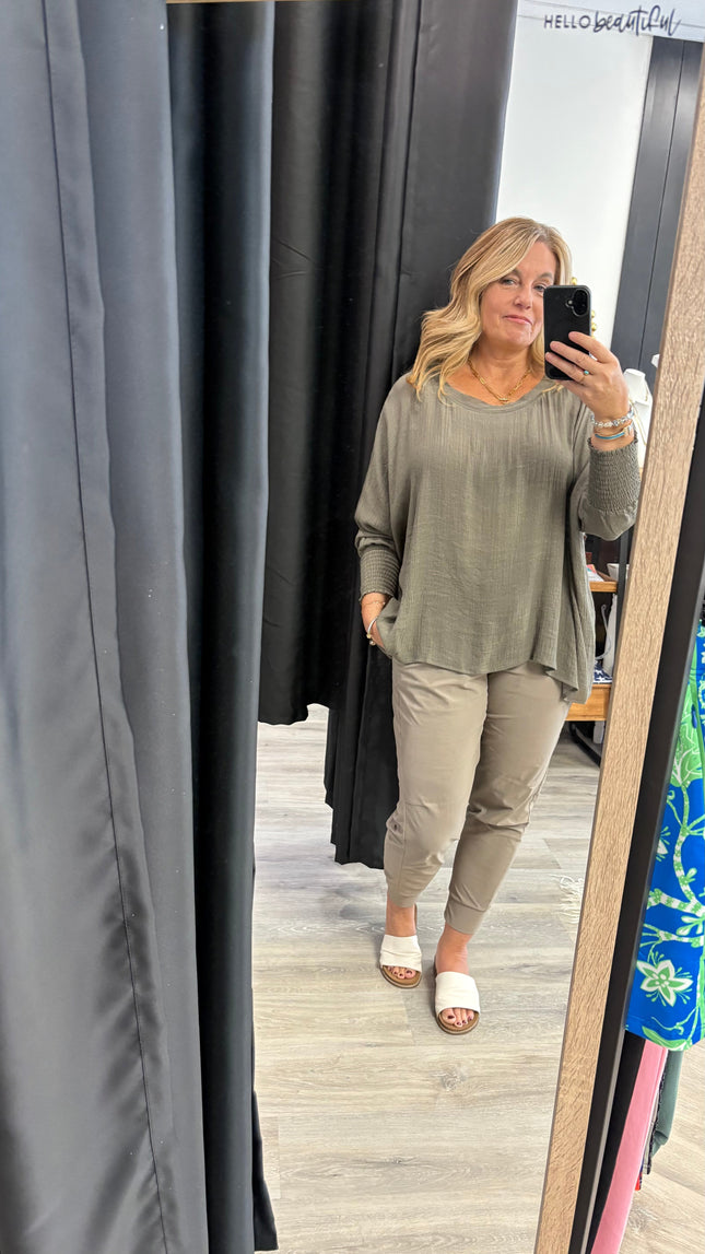 White & Olive Slouch Top