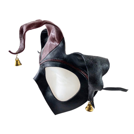 Handmade Genuine Leather Jester Mask in Red and Black with Brass Bells