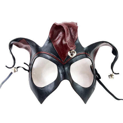 Handmade Genuine Leather Jester Mask in Red and Black with Silver Bells