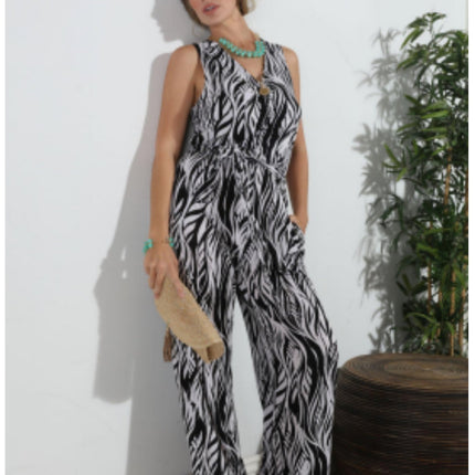 Black/White Print Jumpsuit-CLEARANCE
