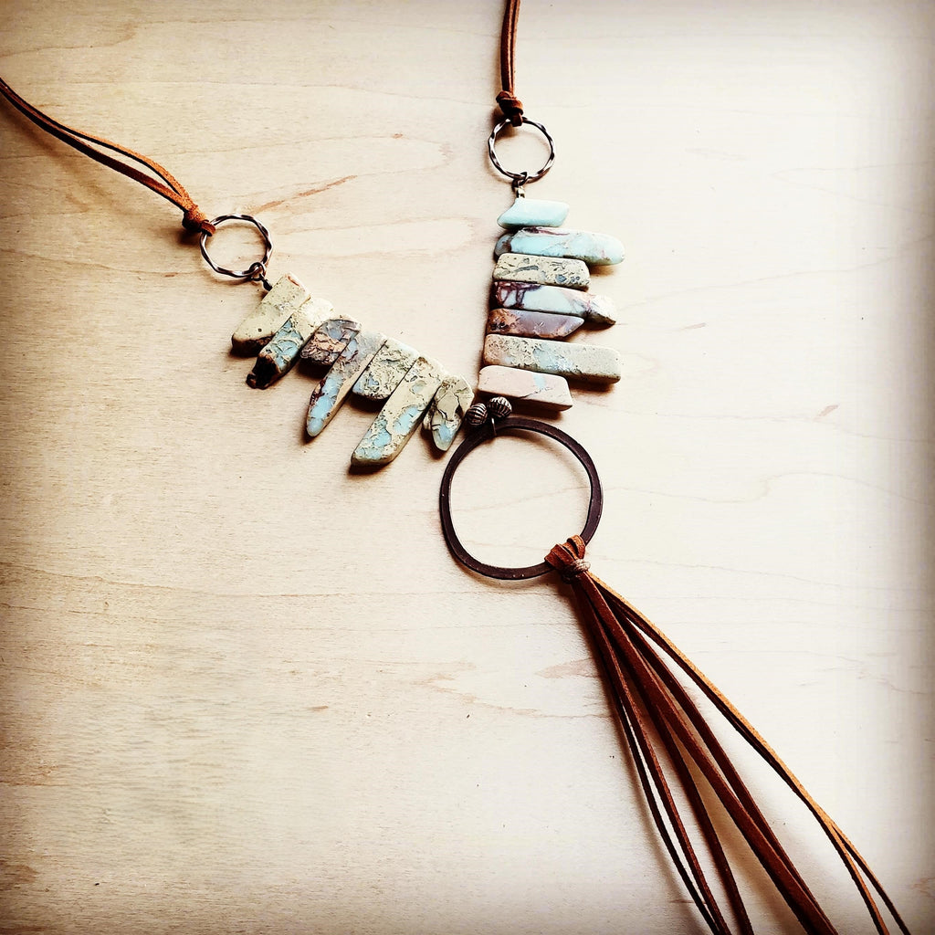 Aqua Terra Necklace w/ Hammered Copper Hoop Long Fringe 225o