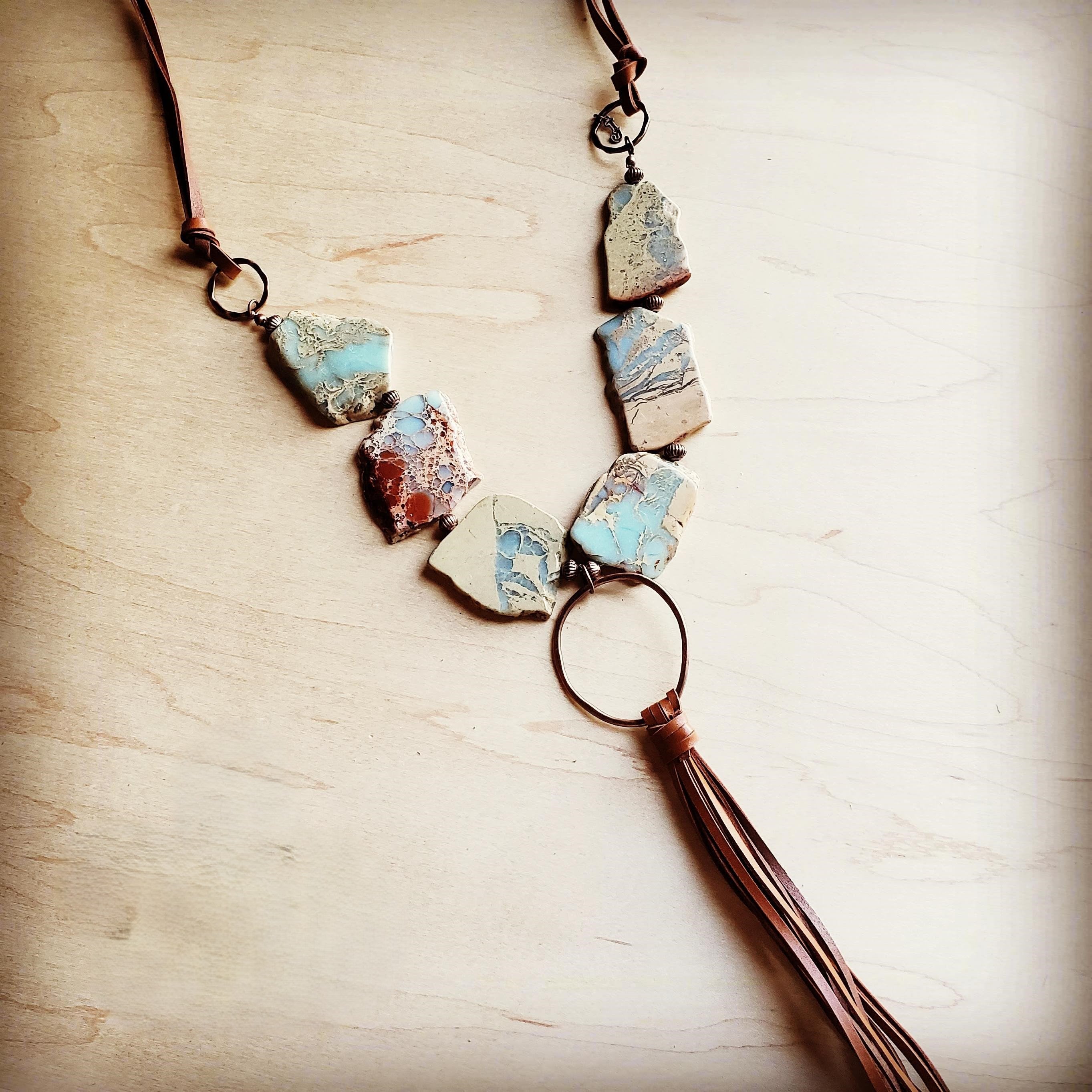 Aqua Terra Slab Necklace with Copper Hoop and leatherFringe Tassel 240r