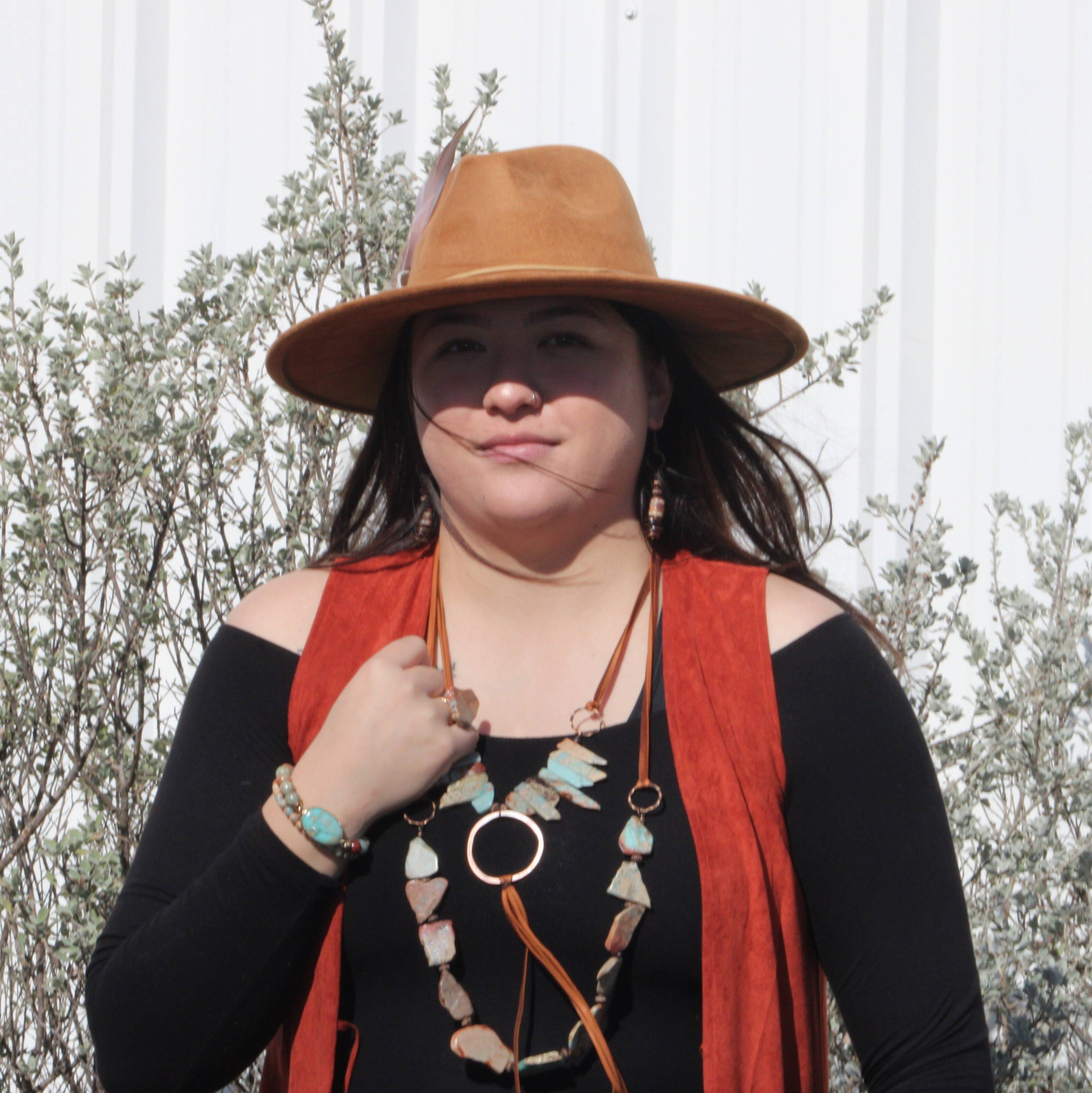 Aqua Terra Necklace w/ Hammered Copper Hoop Long Fringe 225o