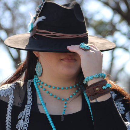 Double Strand Lariat Blue Turquoise Necklace w/ Copper Feather 251e
