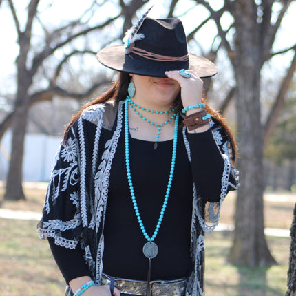 Double Strand Lariat Blue Turquoise Necklace w/ Copper Feather 251e