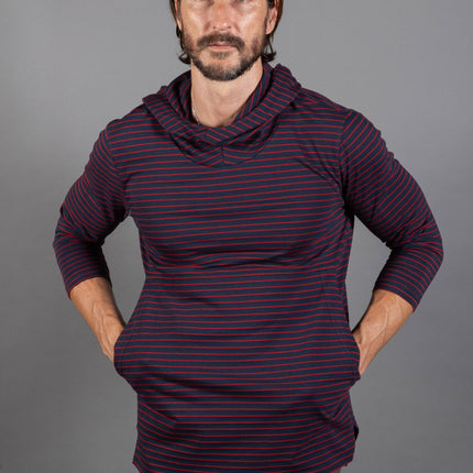 Men's 3/4 Sleeve Cowl Neck Visor Stripe Hoodie