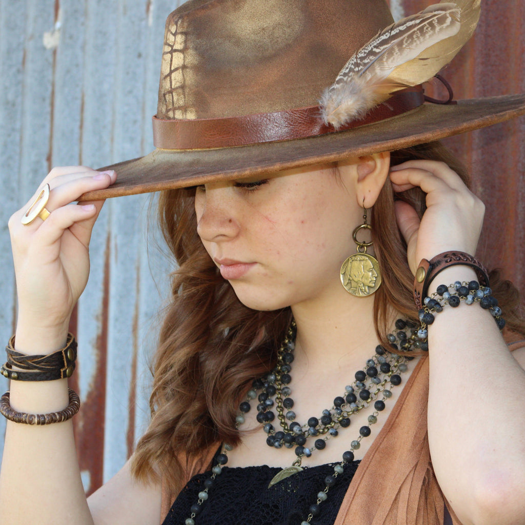 Antique Gold Indian Buffalo Head Earrings 221f