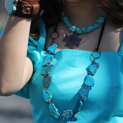 Turquoise Regalite Slab Necklace with Leather Ties 229h