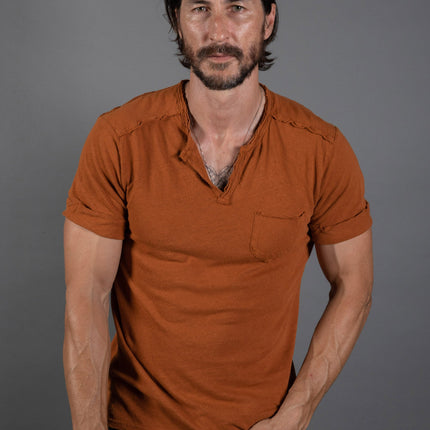 Men's Linen Blend Raw Edge Split V-Neck Tee