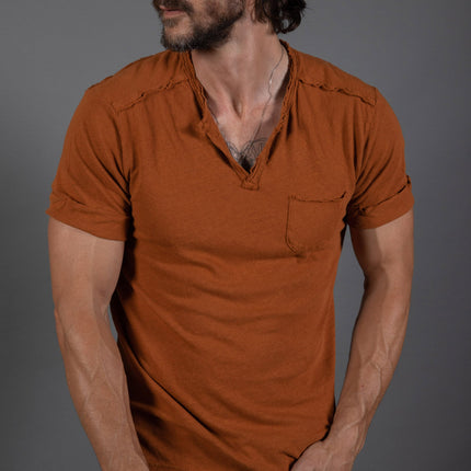 Men's Linen Blend Raw Edge Split V-Neck Tee