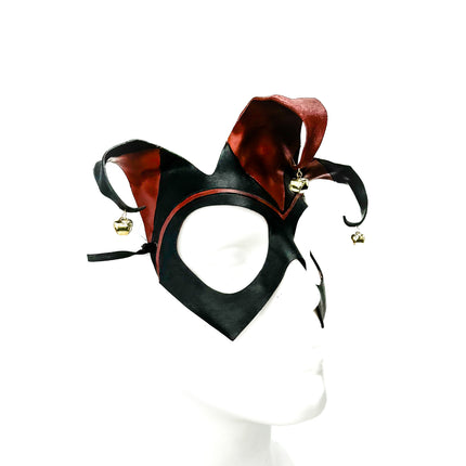 Handmade Genuine Leather Jester Mask in Red and Black with Brass Bells