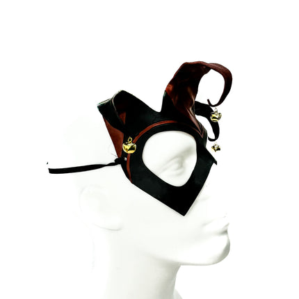 Handmade Genuine Leather Jester Mask in Red and Black with Brass Bells