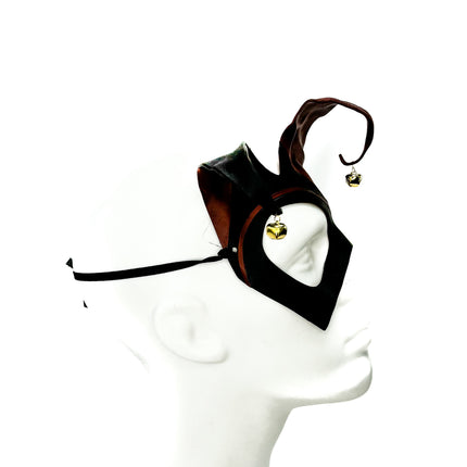 Handmade Genuine Leather Jester Mask in Red and Black with Brass Bells