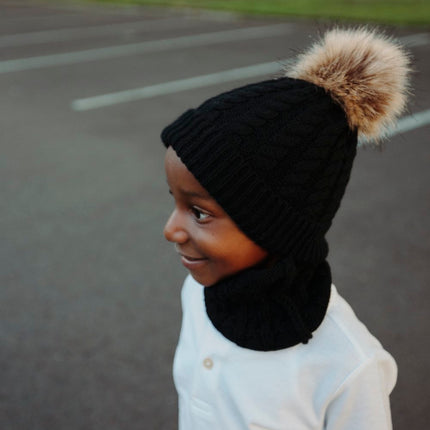Organic Cotton Kids Beanie & Scarf Set | Chunky Knit Pom Pom Winter Set