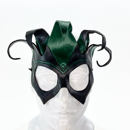 Handmade Genuine Leather Five Point Jester Mask in Green and Black No Bells