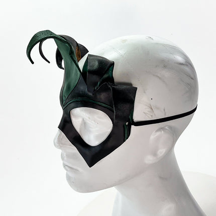 Handmade Genuine Leather Five Point Jester Mask in Green and Black No Bells