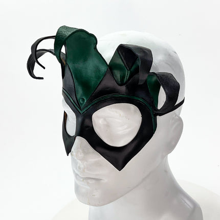 Handmade Genuine Leather Five Point Jester Mask in Green and Black No Bells