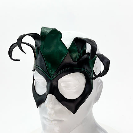Handmade Genuine Leather Five Point Jester Mask in Green and Black No Bells