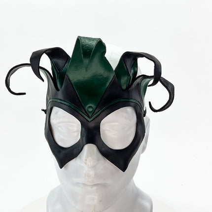 Handmade Genuine Leather Five Point Jester Mask in Green and Black No Bells