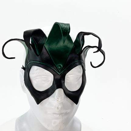 Handmade Genuine Leather Five Point Jester Mask in Green and Black No Bells