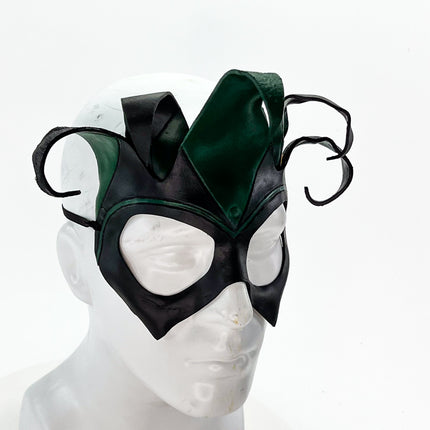 Handmade Genuine Leather Five Point Jester Mask in Green and Black No Bells