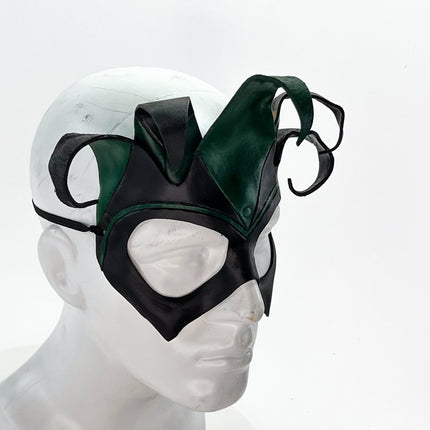 Handmade Genuine Leather Five Point Jester Mask in Green and Black No Bells