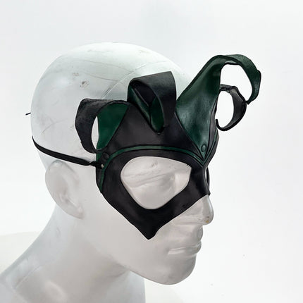 Handmade Genuine Leather Five Point Jester Mask in Green and Black No Bells