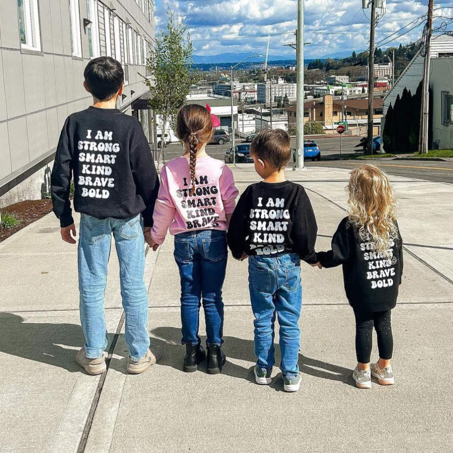 Big Yellow Checker Smiley - I am Strong Smart Kind Brave Bold (f & b) - Child Sweater