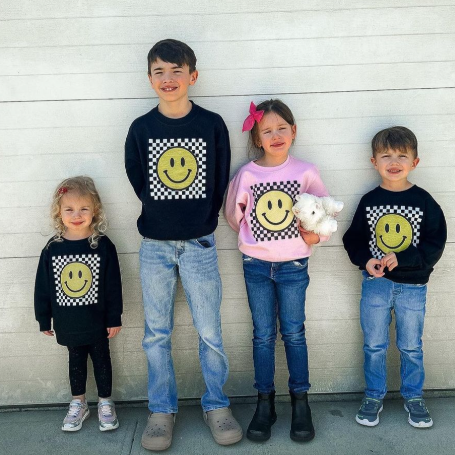 Big Yellow Checker Smiley - I am Strong Smart Kind Brave Bold (f & b) - Child Sweater