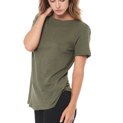WOMEN'S LINEN BLEND CREW NECK TEE - ARMY