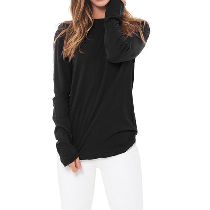WOMEN'S LINEN BLEND CREW NECK LONG SLEEVE SHIRT - BLACK