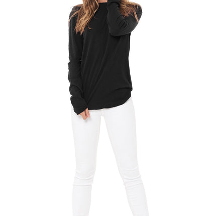 WOMEN'S LINEN BLEND CREW NECK LONG SLEEVE SHIRT - BLACK