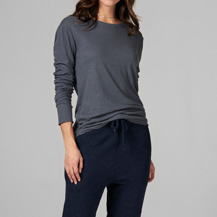 WOMEN'S LINEN BLEND CREW NECK LONG SLEEVE SHIRT - GREY