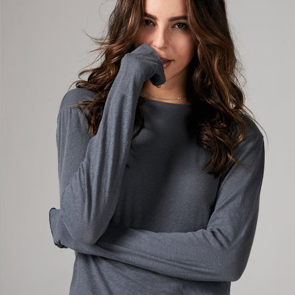 WOMEN'S LINEN BLEND CREW NECK LONG SLEEVE SHIRT - GREY