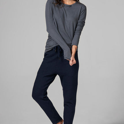 WOMEN'S LINEN BLEND CREW NECK LONG SLEEVE SHIRT - GREY