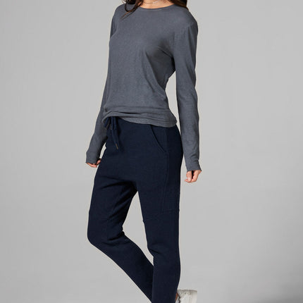 WOMEN'S LINEN BLEND CREW NECK LONG SLEEVE SHIRT - GREY