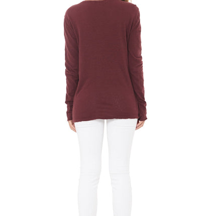 WOMEN'S LINEN BLEND CREW NECK LONG SLEEVE SHIRT - MAROON
