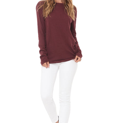 WOMEN'S LINEN BLEND CREW NECK LONG SLEEVE SHIRT - MAROON