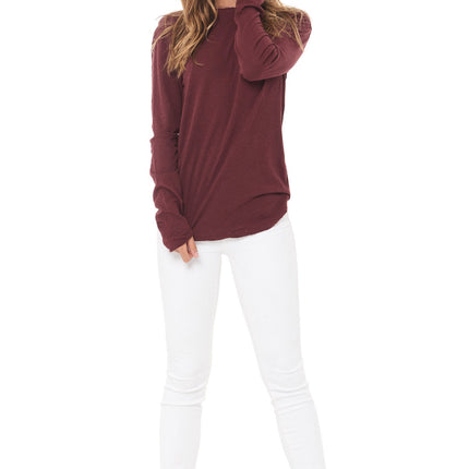 WOMEN'S LINEN BLEND CREW NECK LONG SLEEVE SHIRT - MAROON