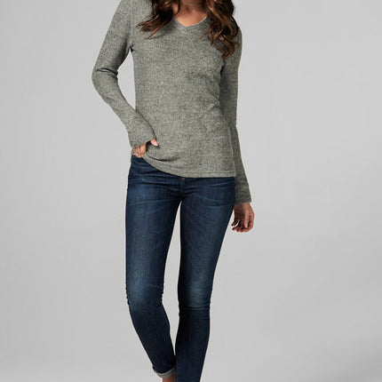 WOMEN'S MELANGE KNIT V-NECK PULLOVER SWEATSHIRT - ARMY