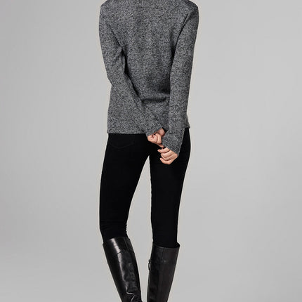 WOMEN'S MELANGE KNIT V-NECK PULLOVER SWEATSHIRT - BLACK